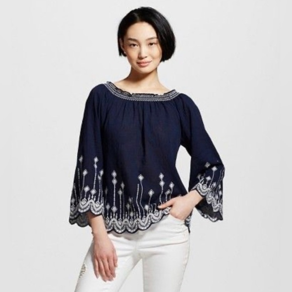 On or off shoulder navy with white stitching cotton top size small